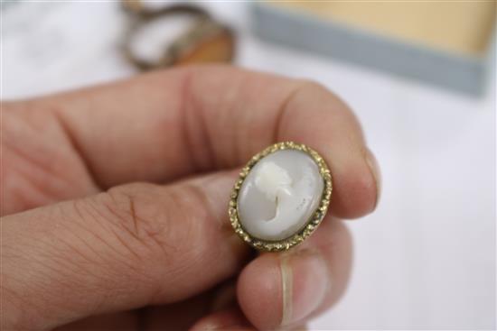 A 9ct gold mounted oval intaglio pendant and other items including seals and a ring.